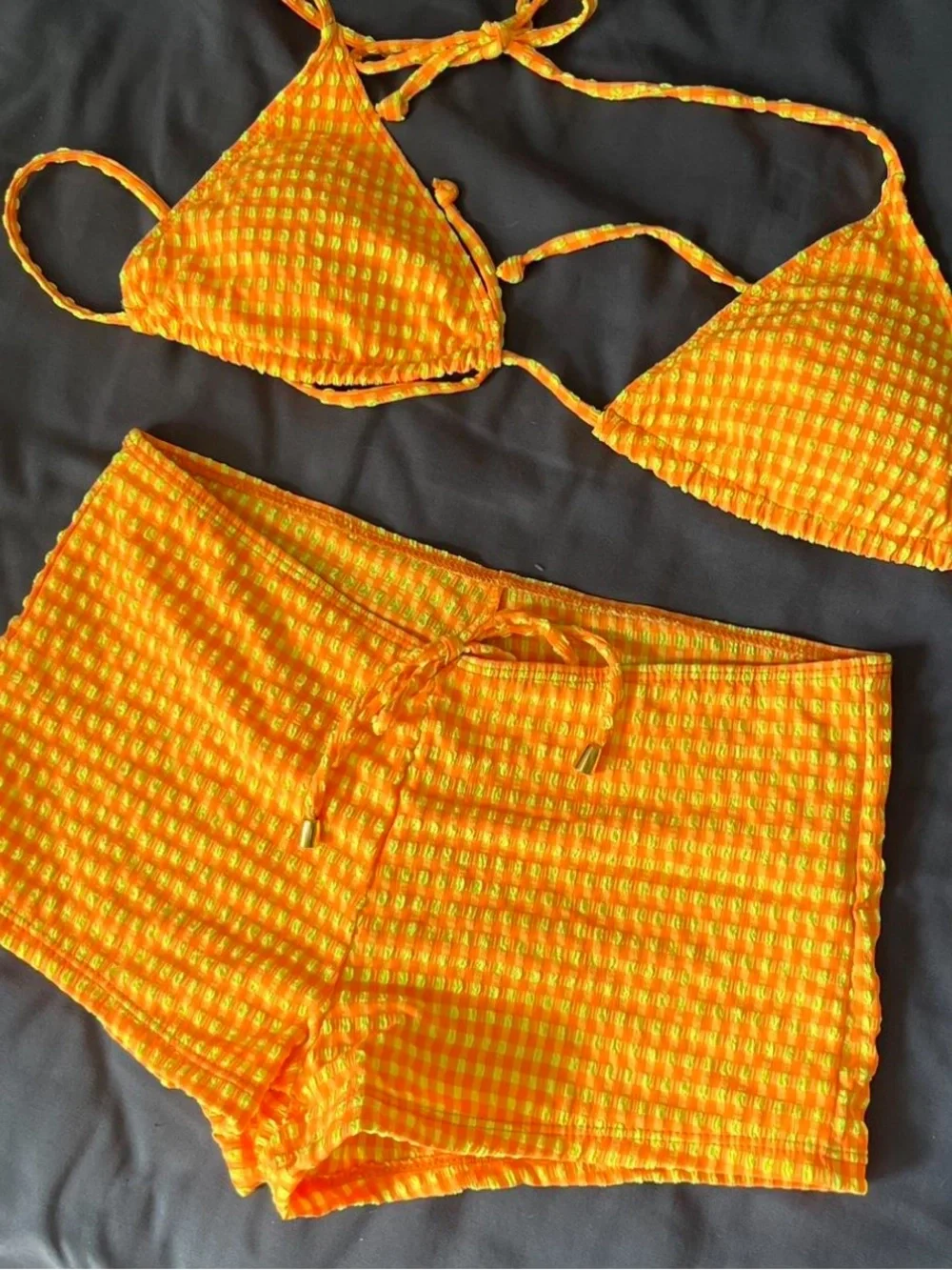Women’s Orange Checked gingham boy Short bikini Size M